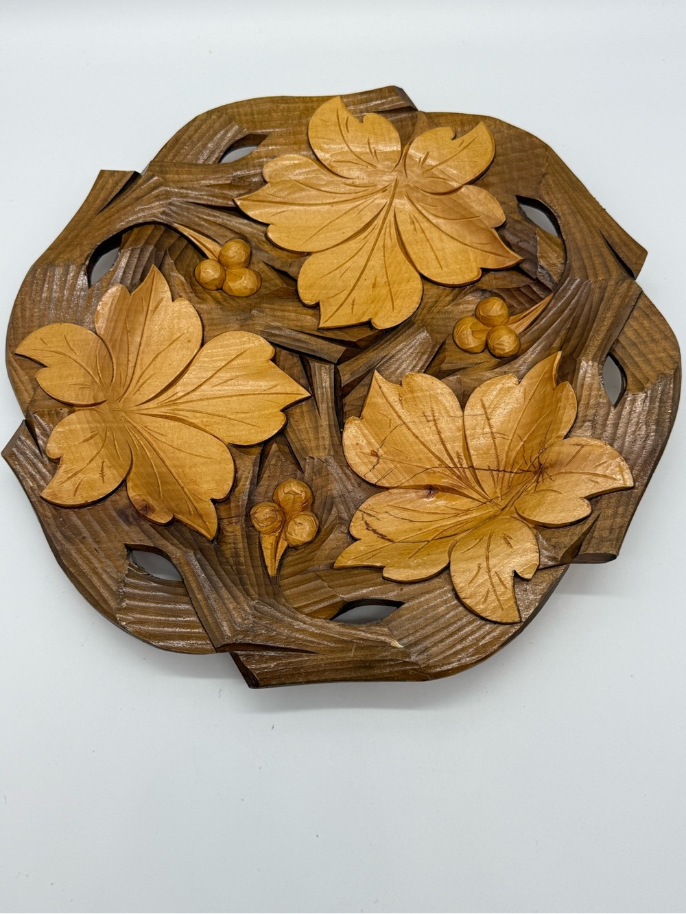 Hand Carved Wooden Leaf and Berry Decorative Plate